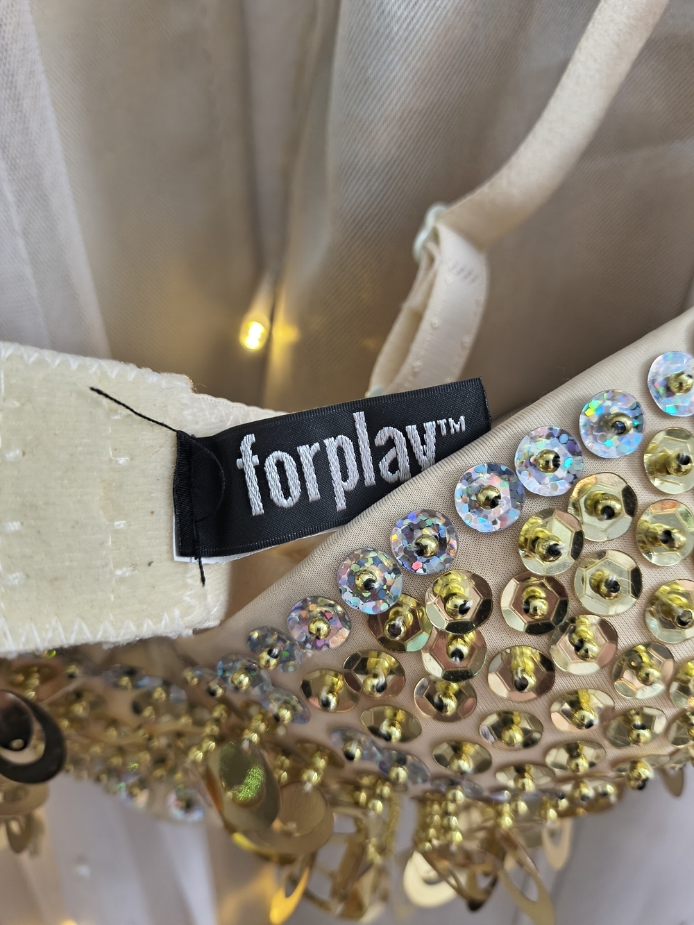 Forplay Gold Rhinestone Sequin Fringe Rave Bra Top Size 34B - Picture 3 of 4